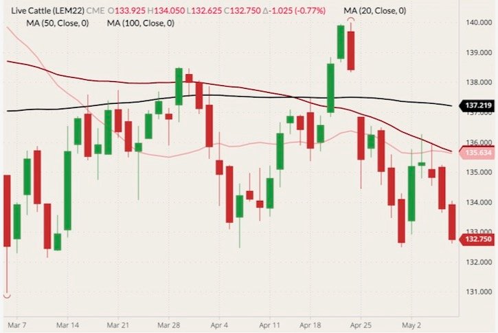 CME June 2022 live cattle (candlesticks) with 20-, 50- and 100-day moving averages (pink, dark red and black lines). (Barchart)
