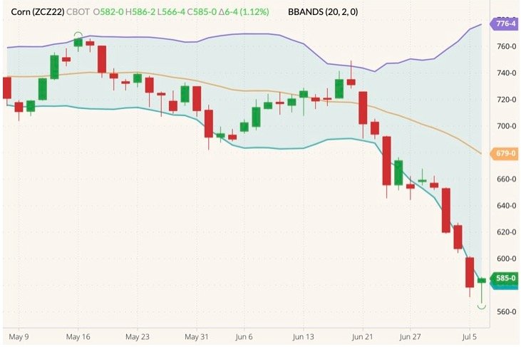 CBOT December 2022 corn (candlesticks) with Bollinger bands (20,2). (Barchart)
