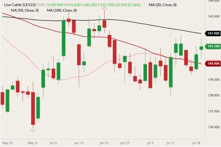 CME October 2022 live cattle (candlesticks) with 20-, 50- and 100-day moving averages (pink, red and black lines). (Barchart)
