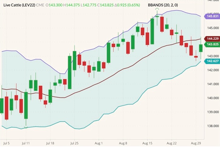 CME October 2022 live cattle (candlesticks) with Bollinger bands (20,2). (Barchart)
