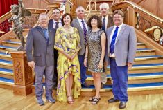 Canadian delegates to the 2022 World Charolais Congress. Front (l to r): Norm and Yoland Watson, Candace and Helge By. Back (l to r): Darwin Rosso, Craig Scott, Don Dodge.