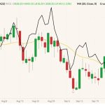 ICE November 2022 canola (candlesticks) with 20-day moving average (yellow line, right column) and NYMEX November 2022 West Texas intermediate crude (black line, left column). (Barchart)