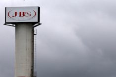 Brazilian meatpacker JBS SA’s logo on a tower in Jundiai, northwest of Sao Paulo in southeastern Brazil, on June 1, 2017. (File photo: Reuters/Paulo Whitaker)
