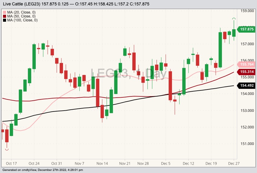 CME February 2023 live cattle with 20-, 50- and 100-day moving averages. (Barchart)
