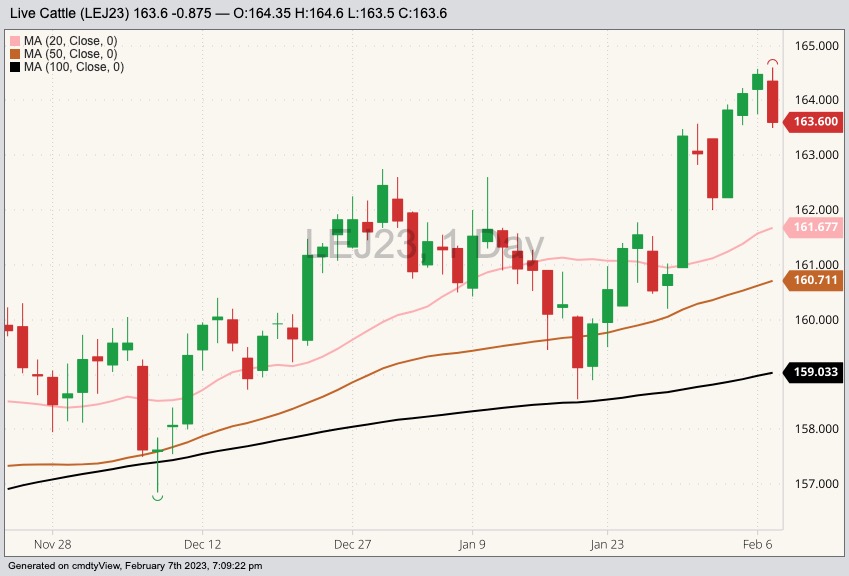 CME April 2023 live cattle with 20-, 50- and 100-day moving averages. (Barchart)
