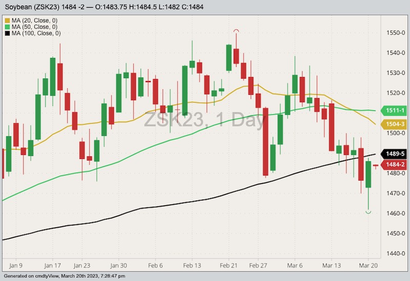 CBOT May 2023 soybeans with 20-, 50- and 100-day moving averages. (Barchart)
