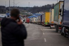 Trucks wait for crossing into Poland at the Rava-Ruska border checkpoint in Ukraine’s Lviv region on April 17, 2023. (Photo: Reuters/Roman Baluk)