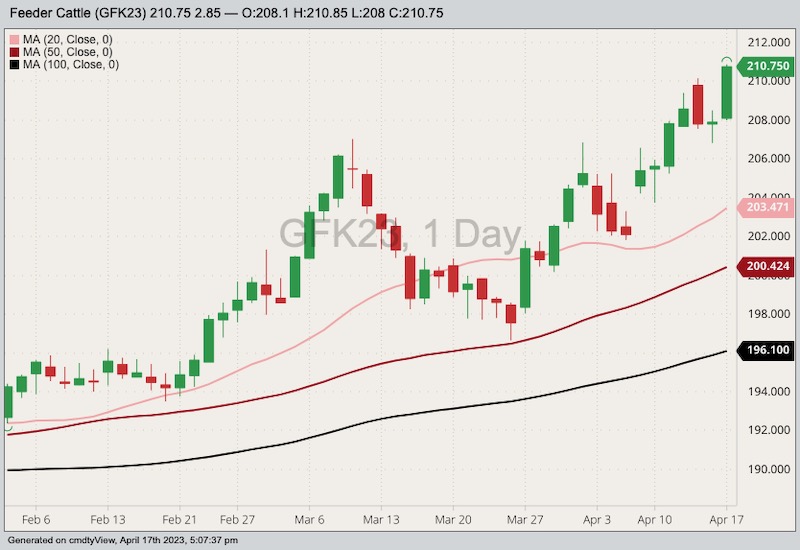 CME May 2023 feeder cattle with 20-, 50- and 100-day moving averages. (Barchart)
