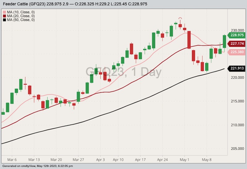 CME August 2023 feeder cattle with 10-, 20- and 50-day moving averages. (Barchart)
