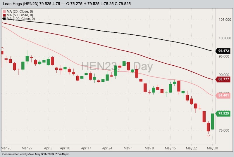 CME July 2023 lean hogs with 20-, 50- and 100-day moving averages. (Barchart)
