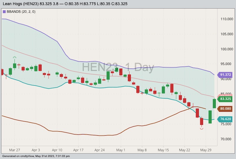 CME July 2023 lean hogs with Bollinger bands (20,2) and CME’s cash lean hog index (brown line). (Barchart)
