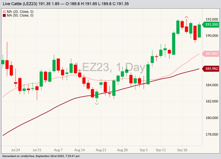 CME December 2023 live cattle with 20- and 50-day moving averages. (Barchart)
