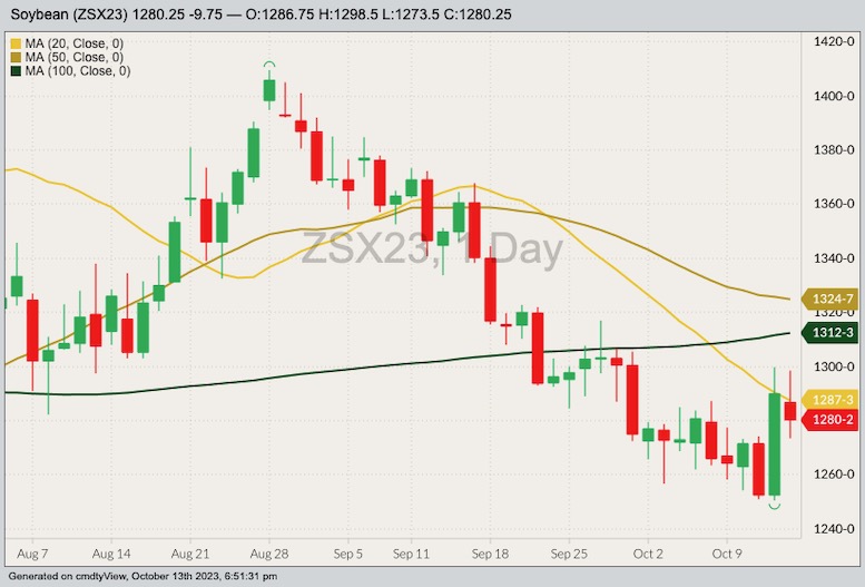 CBOT November 2023 soybeans with 20-, 50- and 100-day moving averages. (Barchart)
