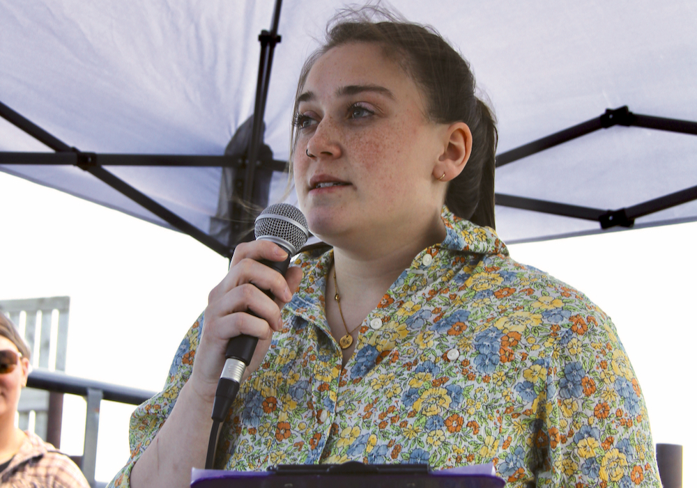 Katrina Garneau fills the crowd in on her research at the Livestock and Forage Centre of Excellence field day in June 2023.