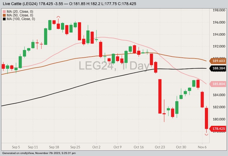 CME February 2024 live cattle with 20-, 50- and 100-day moving averages. (Barchart)
