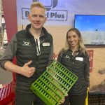 Marcel Kringe, founder and CEO and Courtney Baxter, global marketing manager, with Bushel Plus show one of the combine concaves they are marketing at Agritechnica. Photo: John Greig