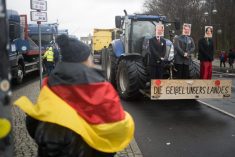 After a protest demonstration in front of the Brandenburg Gate, a woman with a German flag stands in front of a tractor on which dolls with the faces of Federal Chancellor Scholz, Economics Minister Habeck and Foreign Minister Baerbock are mounted with the signature “The scourge of our country.”
Photo: Sebastian Christoph Gollnow/dpa via Reuters Connect
