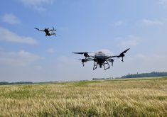 The smaller DJI Mini Pro 3 is an easier way to check if gates are open and water troughs working, while the DJI Agras T-10 can be fitted with a spreader.