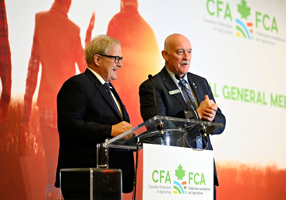 Speaking to delegates at the Canadian Federation of Agriculture annual meeting, the minister referenced the APP while talking about available programs. He said farmers had been through a lot in the last few years with pandemic supply chain issues, global unrest and extreme weather. | Screencap via twitter.com/@CFAFCA
