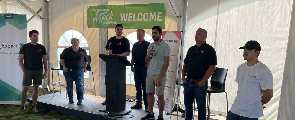 Ag Tech Breakfast panelists at Ag in Motion 2024 near Langham. PHOTO: SEAN PRATT
