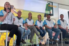 Bayer’s “canola dream team” at Ag in Motion (l-r): panel moderator and DeKalb campaign marketing lead Nikki Vercaigne with Dale Burns, Liz Simpson, Xuehua Zhang, Tim Darragh and Tim Gardner. Photo: Dave Bedard
