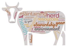 One of Klopatek’s projects while attending the University of California, Davis, was to ask U.S. ranchers “What does sustainable ranching mean to you?” She put the responses together in this word cloud in the shape of cow, with the size of type reflecting how often the word was used. Her full report is: Klopatek, Sarah C., et al. 321 Rancher Motivations for Joining Sustainability Programs. Journal of Animal Science 101.Supplement_3 (2023): 253-254.
