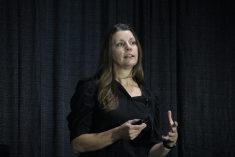 Sandra Ellis, CN’s vice-president for bulk, speaks at Canadian Western Agribition’s Grain Expo