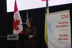 Karina Gistelinck, asset president potash at BHP, speaking about the Jansen project in Saskatchewan that will result in the world's largest potash mine. She was the keynote speaker during a Regina and District Chamber of Commerce breakfast at Canadian Western Agribition.