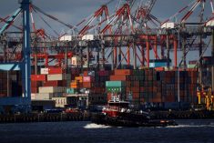 A tugboat passes shipping containers being unloaded and stacked on a pier at Port Newark, New Jersey, U.S., November 19, 2021.
 Photo: Reuters/Mike Segar/File
