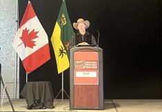 Tyler Fulton presents at the Saskatchewan Beef Industry Conference. While there, he focused on the potential threat of tariffs. 
