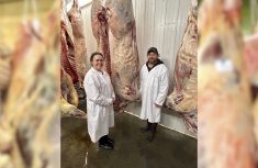 Sarah and Chad Hunt standing in an abbatoir with beef carcasses