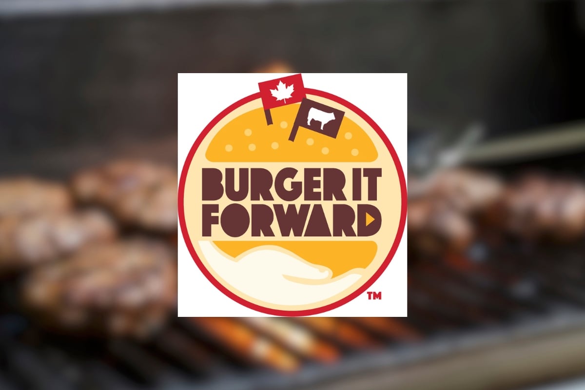 burger it forward logo with hamburgers grilling in the background