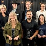 Donna Boyd, Agricultural Manufacturers of Canada president, back left, and Canada’s Outdoor Farm Show’s man in black, Rob O’Connor, show director, emceed the Innovation Program Awards on Sept. 8, 2025, the night before the Farm Show opened. Chuck Baresich, Haggarty AgRobotics founder, back centre, won in the Equipment category. Behnam Abbasian, BioFerScience, back right, won in the Livestock category. Kristine White, Spornado CEO and co-founder, front left, took home the Agronomics award. LaSalle Agri Inc., Marketing Coordinator Amin Phoenix, accepted the Environmental Sustainability award, and Bruna Mion, Lactanet dairy production expert, captured the Business Solutions award. Photo: Diana Martin
