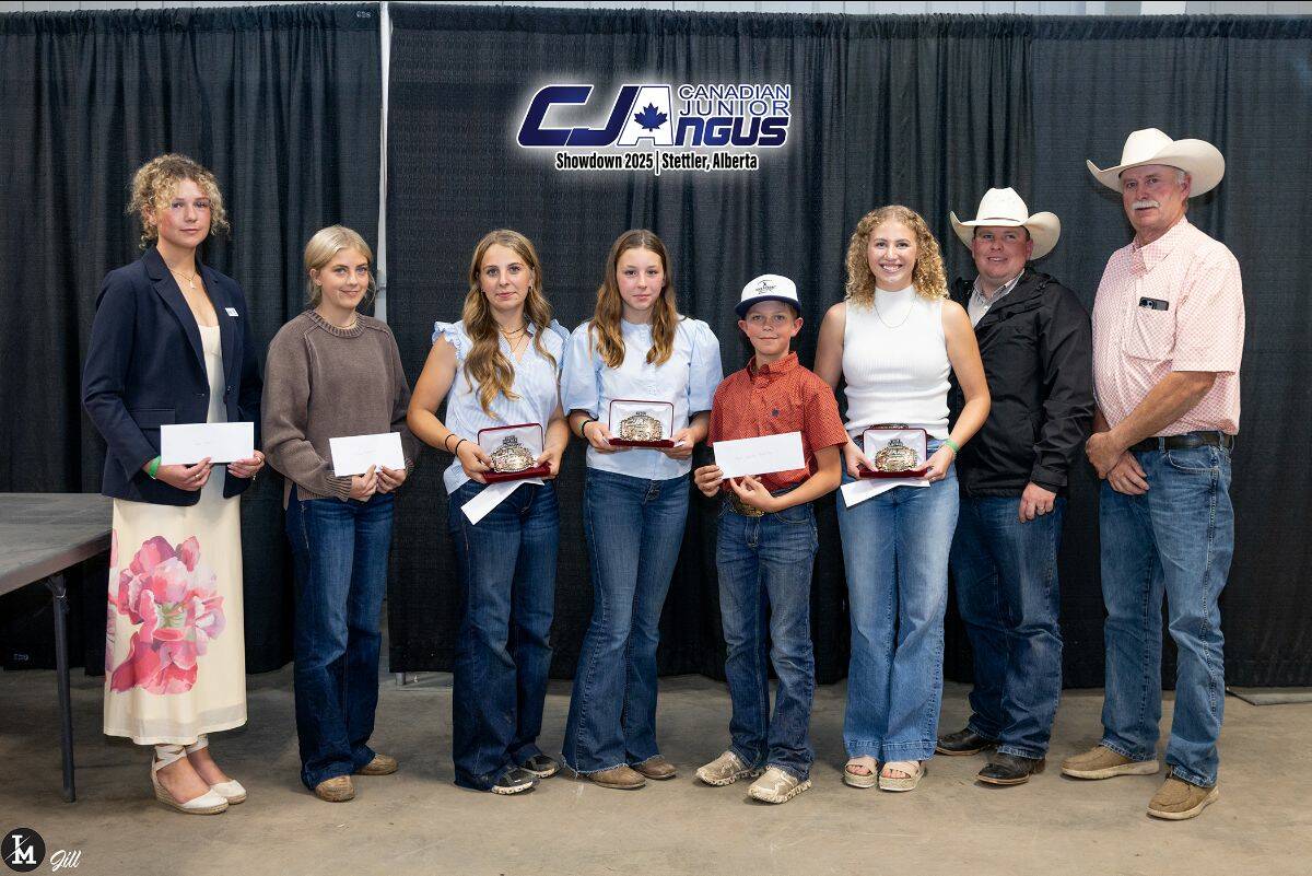 2025 Grand Aggregate winners. L to R: Senior Reserve Kylie Willms, Intermediate Reserve Paisley Robertson, Intermediate Grand Aggregate Navada Murray, Junior Grand Aggregate Calynn Gardner, Junior Reserve Greeley Robertson, Senior Grand Aggregate Jessica Davey, Chad Lorenz, CAF Director and Rob Garner, CAA Director. Photo: Supplied