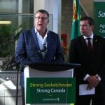 Saskatchewan premier Scott Moe, left, and Kody Blois, parliamentary secretary to the prime minister, participate in a press conference prior to their mission to China. Photo: Janelle Rudolph
