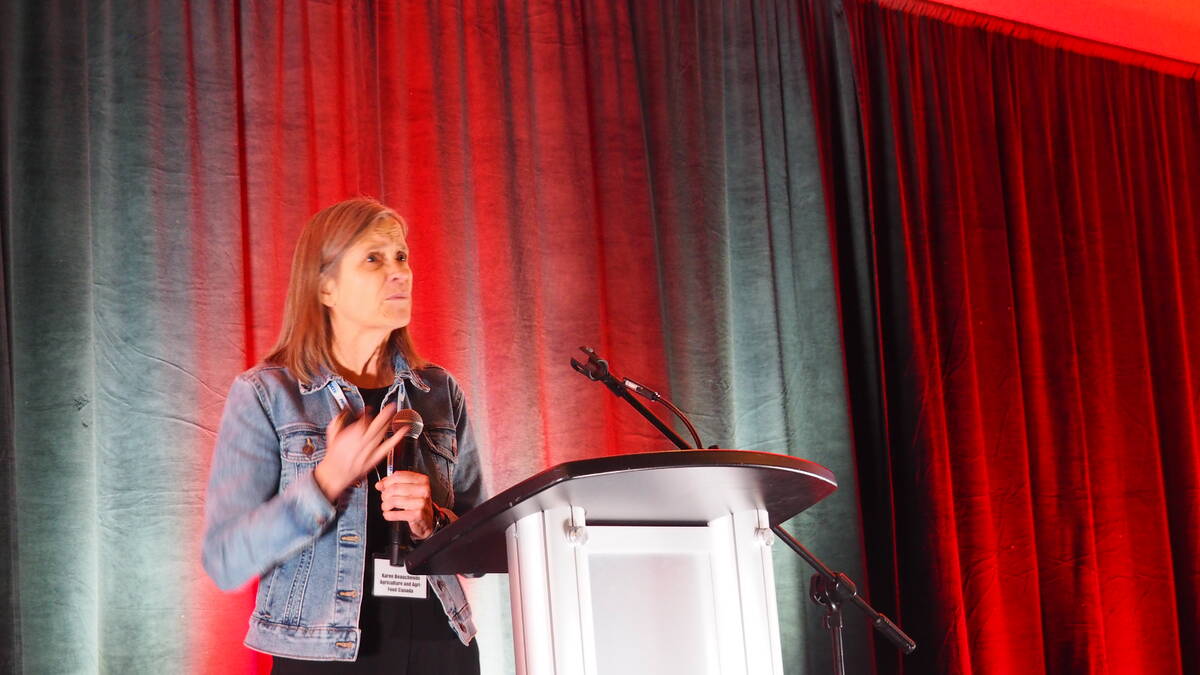 Karen Beauchemin speaking in December at the Manitoba Beef and Forage Production Conference in Brandon. Photo: Don Norman