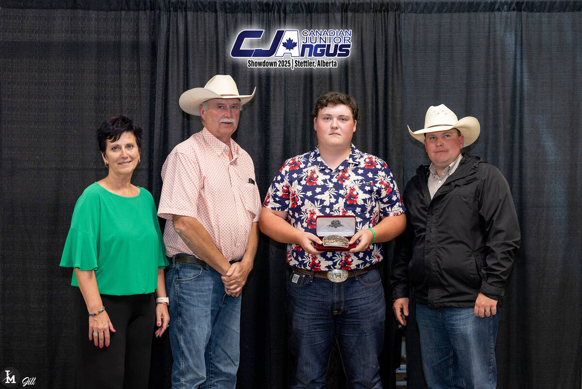 Belinda Wagner, Canadian Angus Foundation executive director; Robbie Garner, Canadian Angus Association president-elect; Austin Potts, 2025 Canadian Junior Angus Stockman of the Year; Chad Lorenz, Canadian Angus Foundation director. Photo: Supplied