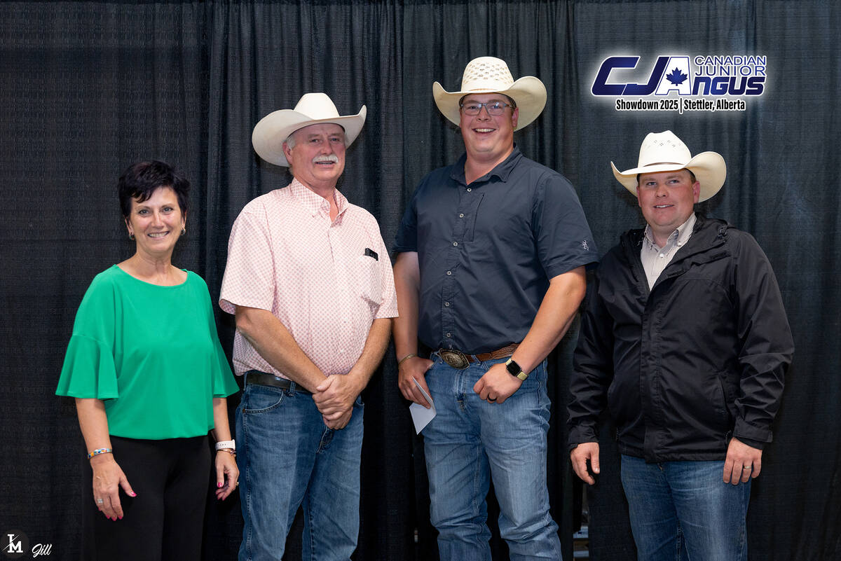 Belinda Wagner, Canadian Angus Foundation executive director; Robbie Garner, Canadian Angus Association president-elect; Ty Dietrich, 2025 Outstanding Young Angus Breeder; Chad Lorenz, Canadian Angus Foundation director. Photo: Supplied