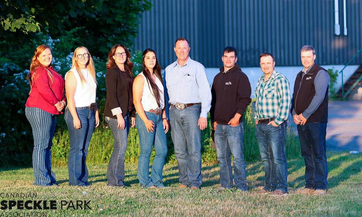 The 2025-26 Canadian Speckle Park Association board of directors. L to R: business manager Ciara Mattheis, Makenzie Olson, Carla Ducherer, Ashley Anderson, Craig Brown, Travis Beishuizen, Dan Brundige and Peter Watson. Photo: Supplied