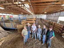 All of the cattle that go through this facility are handled by staff on horseback. The old facility used to be knee-deep in mud. Now the cattle move quickly and easily through the facility. L to R: Stan Walter, Chris Walter, Connor Lange, Jayme Vold, Ed Lange, Ernie Lange. Photo: Mary MacArthur
