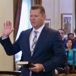 RJ Sigurdson, MLA for Highwood, is sworn in on June 9, 2023 as Alberta&#8217;s minister of agriculture and irrigation. (Government of Alberta video screengrab via YouTube)

