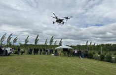A drone takes to the skies at a farm tour on June 5.