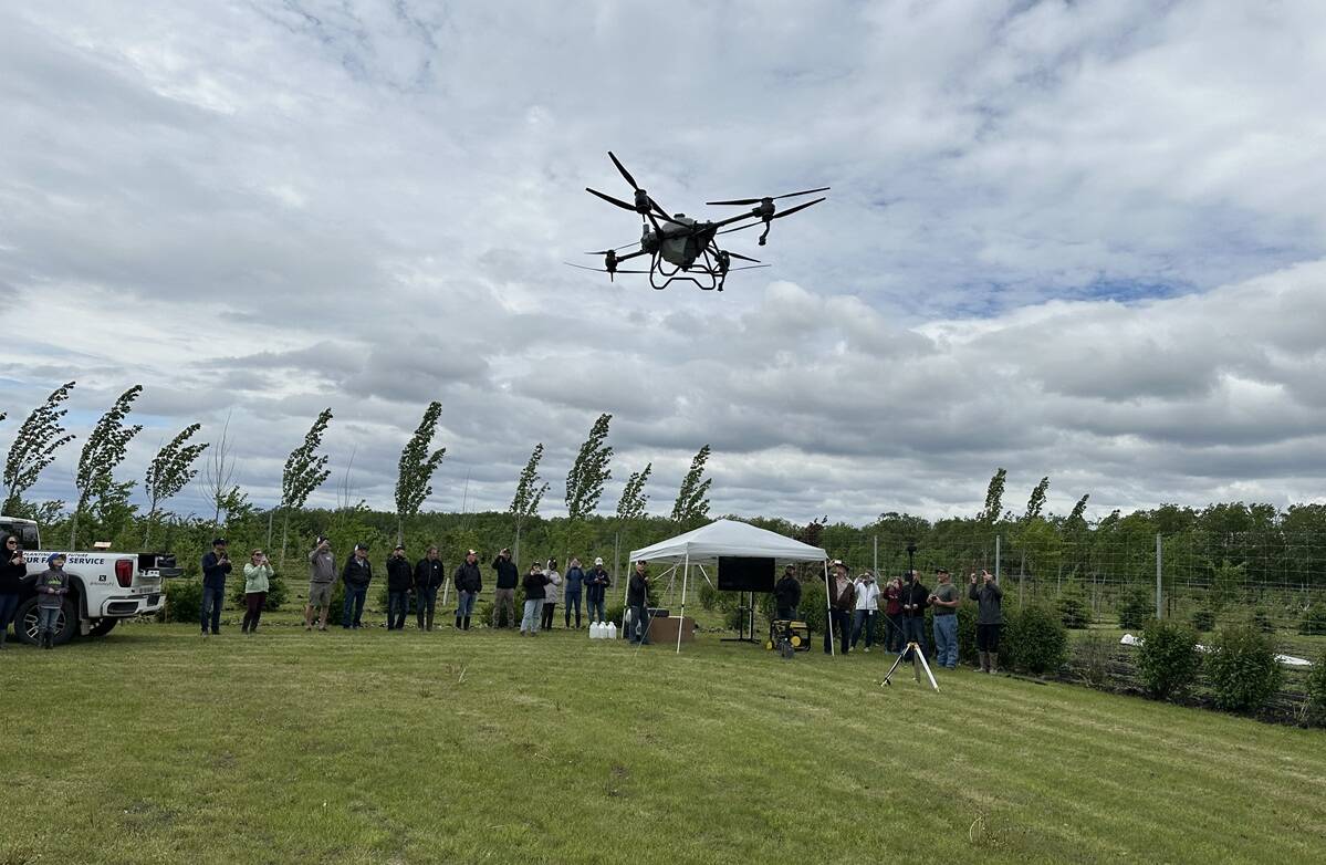 A drone takes to the skies at a farm tour on June 5.
