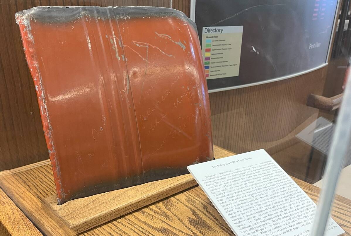 Cecil G. Harris&rsquo;s will, scratched onto a tractor fender. Photo: University of Saskatchewan College of Law