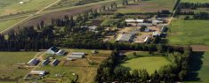 Aerial view of the Lacombe Research and Development Centre in central Alberta, showing farm buildings and surrounding agricultural land. The facility is among the Agriculture and Agri-Food Canada centres slated for closure under federal research cuts. Photo: AAFC