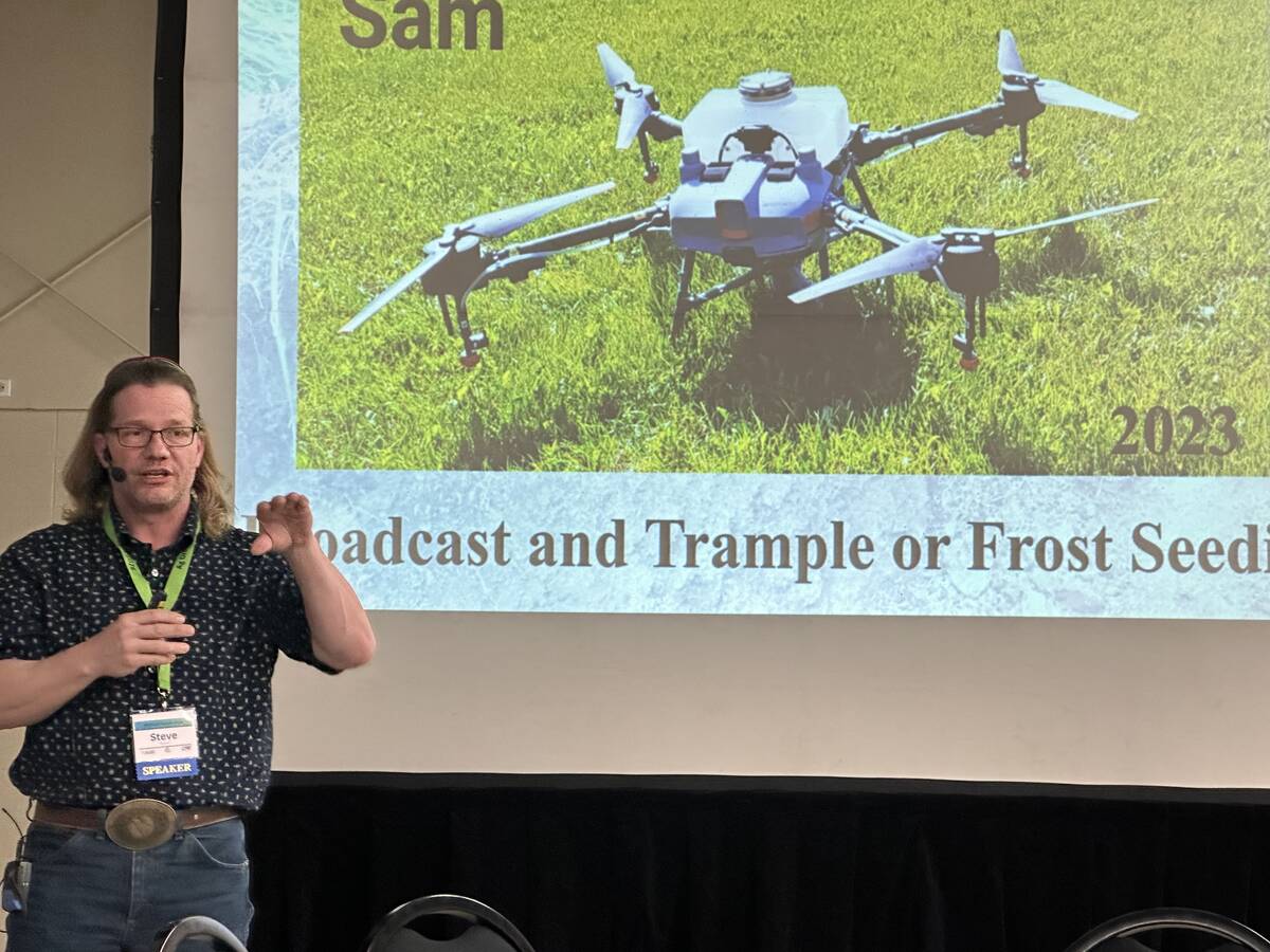 Steve Kenyon of Greener Pastures Ranching speaks at the Canadian Agricultural Drone Association conference about his experience using drones for promotion and aerial seeding. Photo: Mary MacArthur